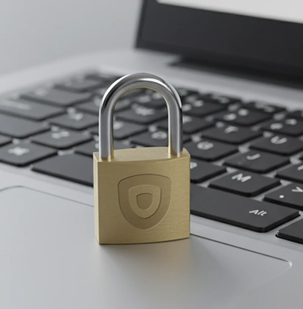 Padlock laser engraved with the SBT shield on a laptop