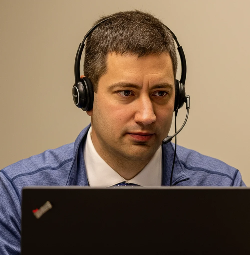 IT businessman on the phone with a client providing remote support