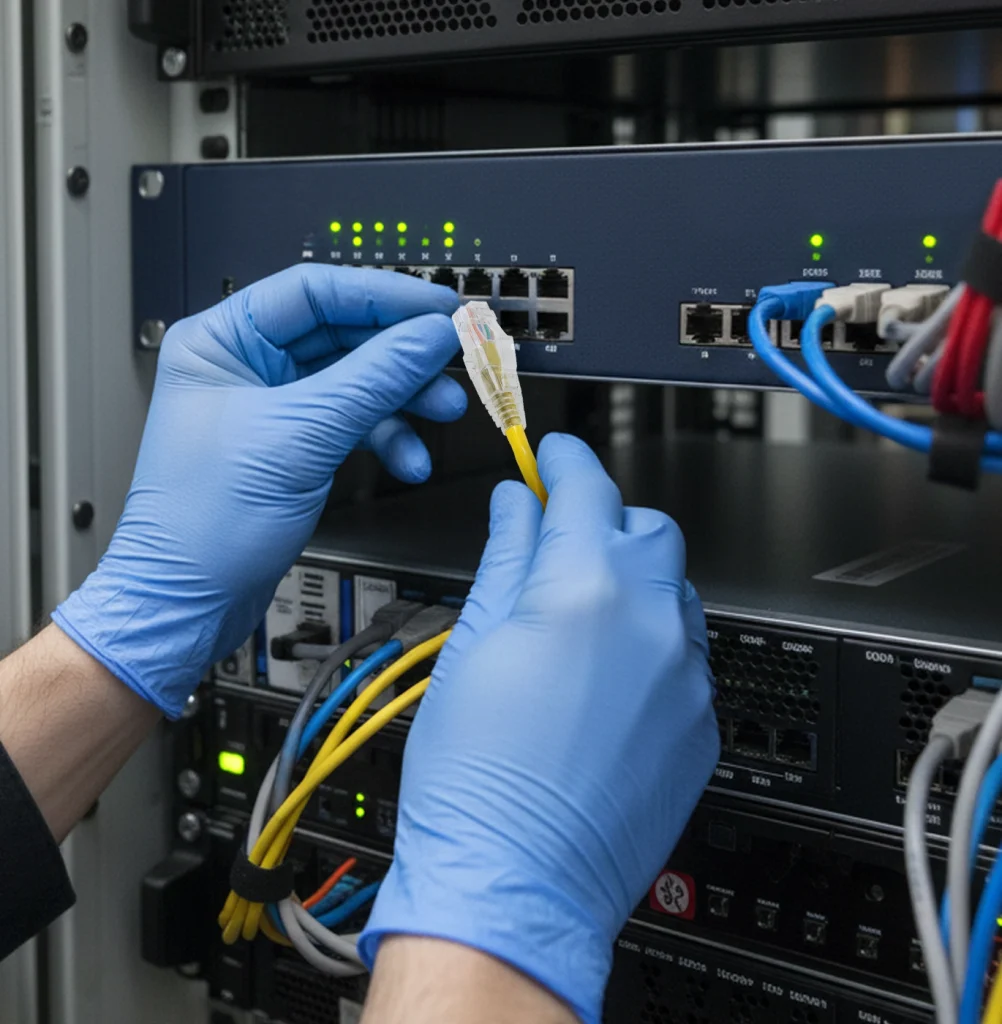 IT professional with gloves on working with network cables on a switch rack