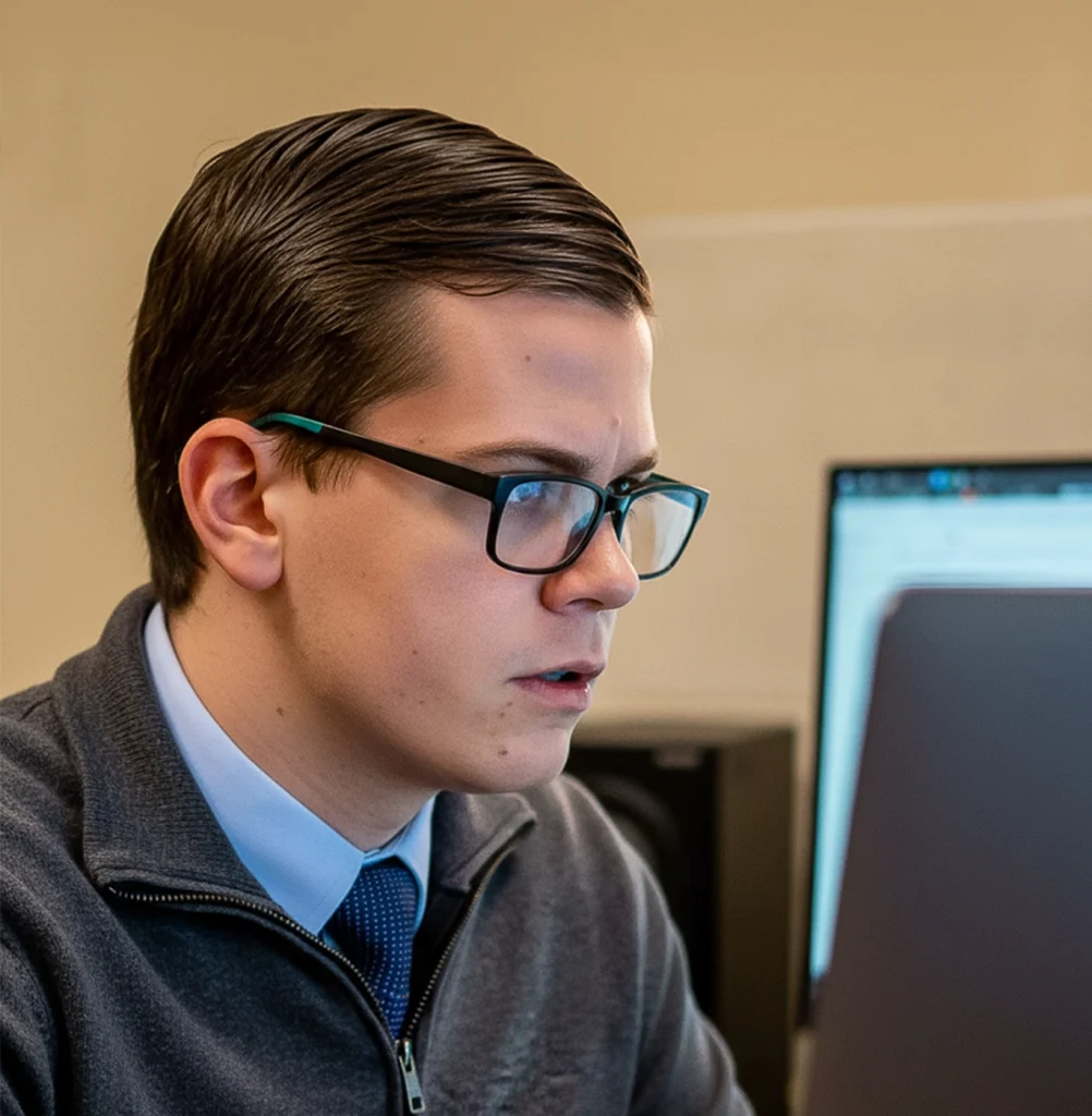 Man with glasses staring at a monitor out of frame