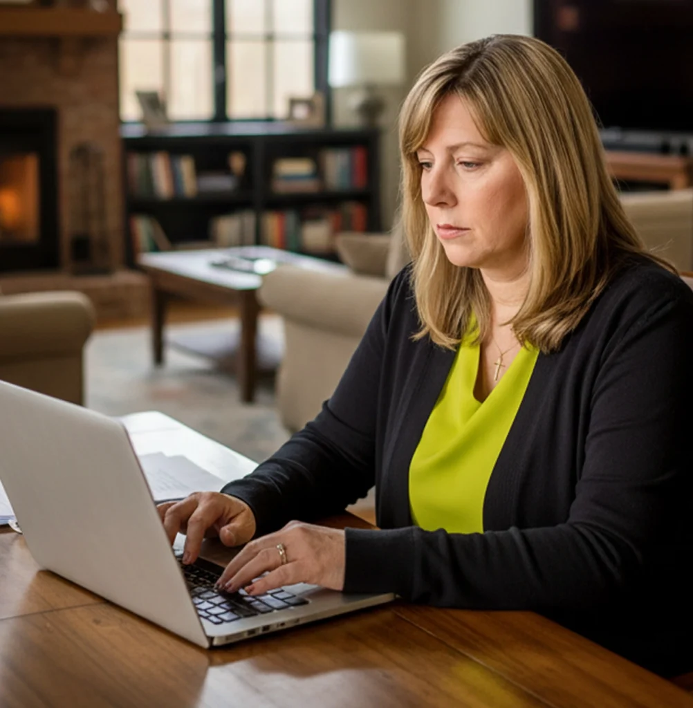 A woman on her laptop wearing green, working from home